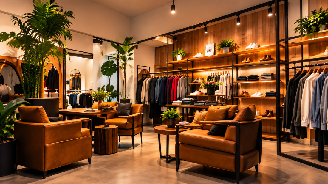 A modern clothing shop with sofas and plants