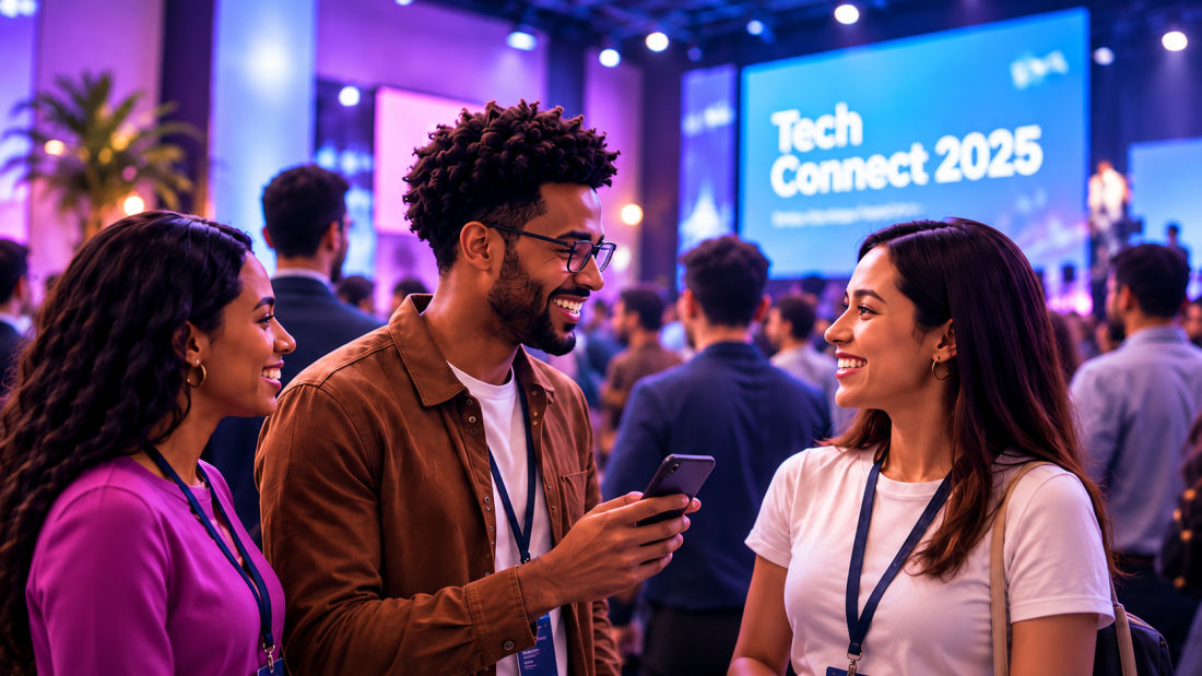 People at a tech event, smiling and swapping contacts on a phone