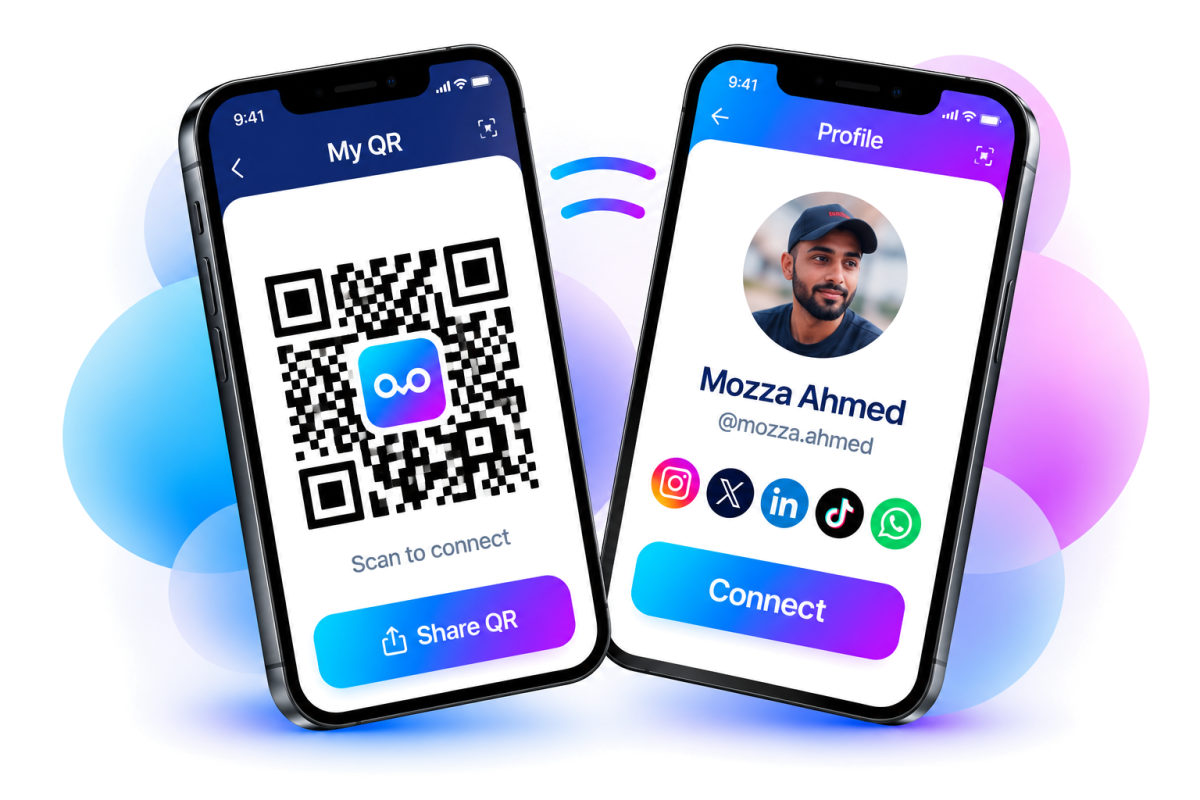 Two phones: one shows a Linko QR code, the other the profile it opens, with a Connect button